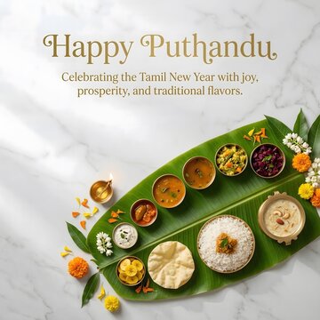 Happy puthandu celebration with traditional tamil new year food on green leaf plate