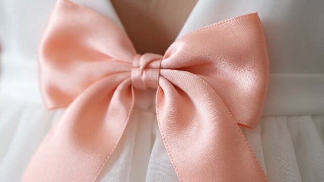 Elegant peach satin bow on a white dress close-up detail
