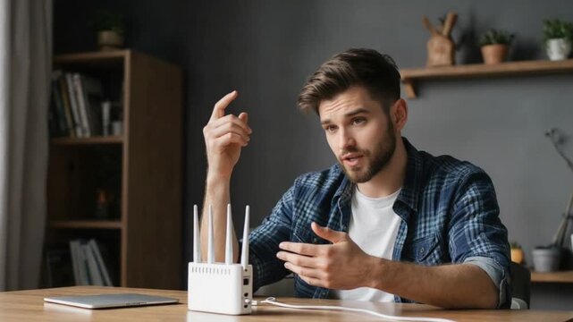 IT support or home user puzzled by a failure in Wi-Fi router network, pointing with surprise