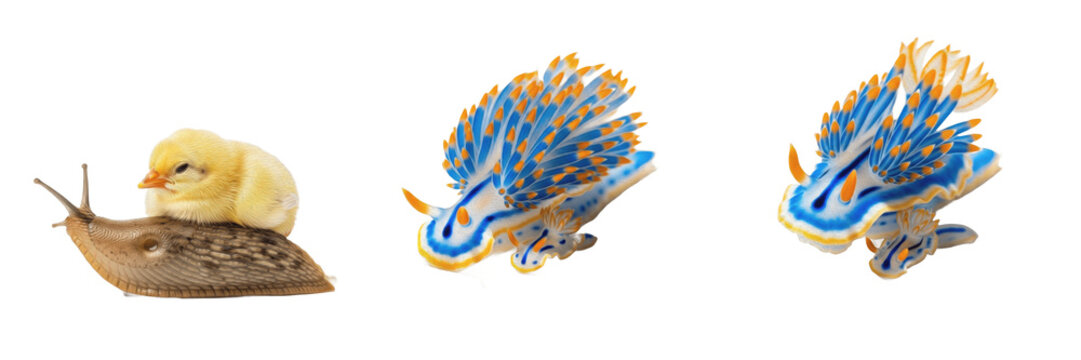 Yellow Chick Gallus Gallus Domesticus and Blue Nudibranch Sea Slug Hypselodoris Festiva Collection Isolated on White Background for Biological Study Wildlife Nature 3D Render Illustration Set