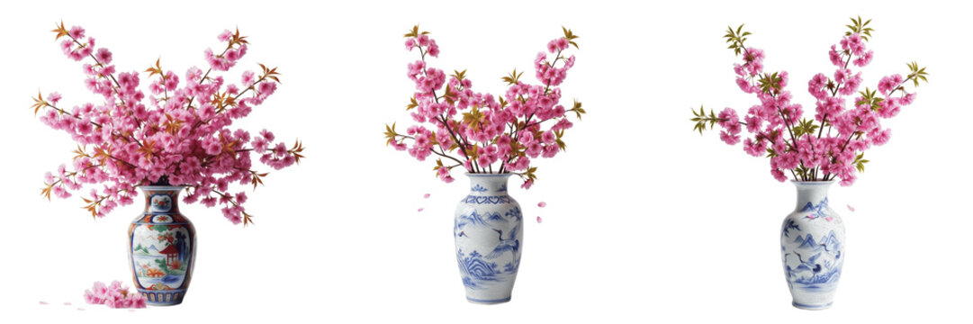 Pink Cherry Blossom Prunus Serrulata Flower Bouquet Collection in Vintage Blue and White Chinese Porcelain Vases Isolated on White Background for Decoration Spring Botanical Plant