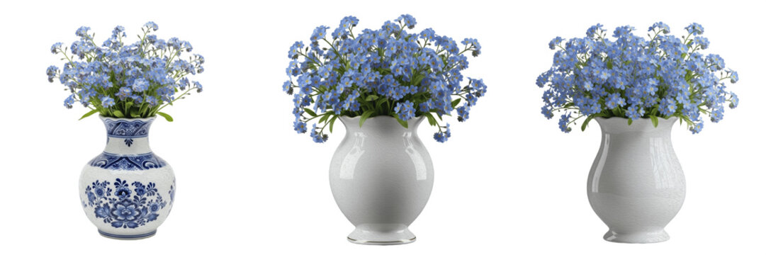 Blue Forget Me Not Myosotis Sylvatica Flower Bouquet Collection in White Ceramic and Patterned Vases Isolated on White Background Decoration Spring Floral Arrangement Botanical Set