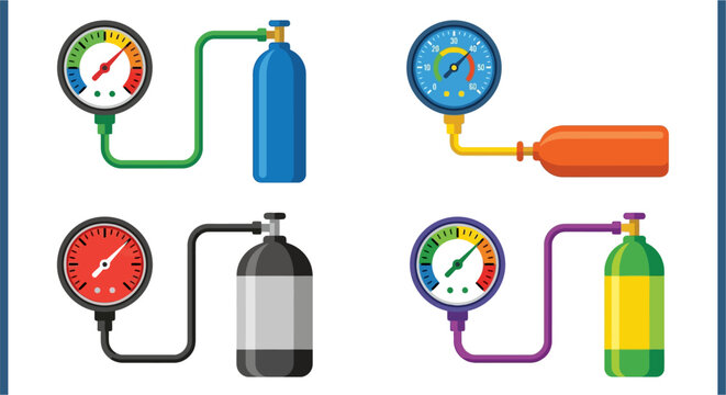 Various gas cylinders with pressure gauges and connecting tubes displayed