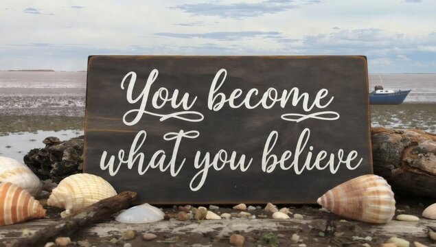 Inspirational quote on wooden sign at beach with seashells You become what you believe