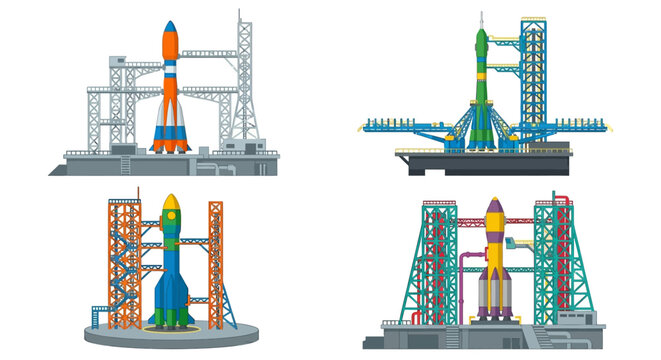 Colorful illustrations of rockets on launchpads and service structures