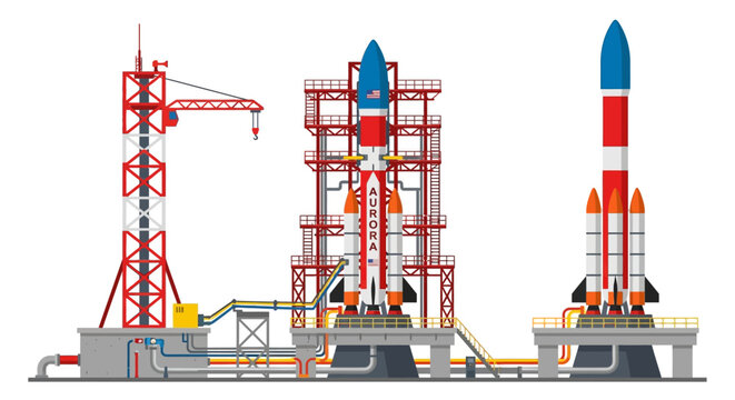 A detailed illustration of rockets on launch platforms with service structures