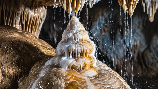 Close-up view of a majestic cave formation with dripping water creating intricate calcite deposits.