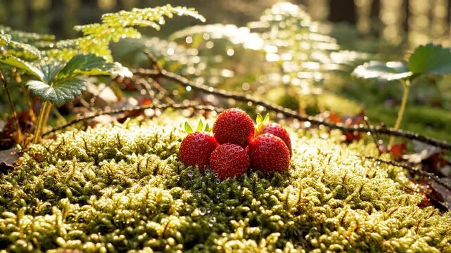 Hand gently picking ripe red strawberries from a mossy forest floor, capturing a moment of fresh seasonal bounty.