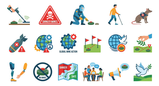 Landmine awareness and humanitarian efforts a collection of related icons