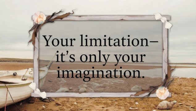 Inspiring message Your limitation - its only your imagination on a sign with seashells on a beach, encouraging limitless thinking and creativity.