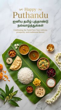 Happy puthandu traditional tamil new year celebration food on banana leaf
