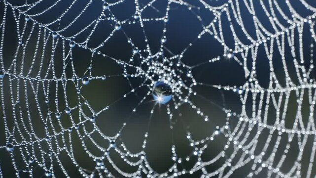 Dewdrops Adorn Intricate Spiderweb Illuminated by Morning Light Creating a Glistening Natural Tapestry