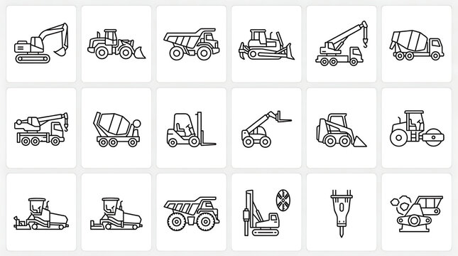 Heavy Machinery Industrial Vehicle Outline Icon Set - 16 Construction Equipment Diagrams in 4x4 Grid - Excavator Loader Bulldozer Crane Line Art for Engineering UI