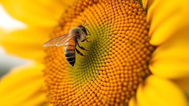 involucre. Close-up of honeybee wings hovering in a sunflower, morning light, soft background. wildlife magazines, conservation campaigns, designed for eco-tourism storytelling.