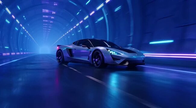 A futuristic silver sports car with glowing blue headlights speeding through an illuminated neon tunnel.