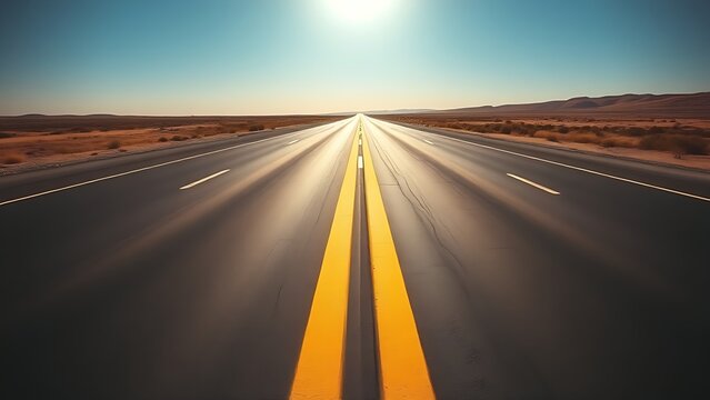 retroreflective. A wide highway with a prominent yellow double solid line extending to the horizon. mobility guides, transit brochures, designed for transport & logistics marketing.