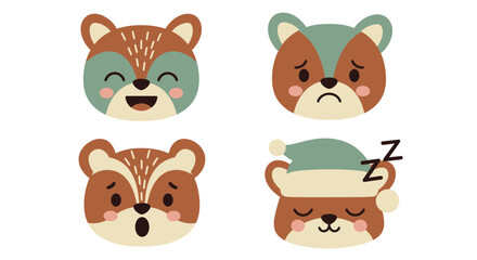Naklejka premium Cute Cartoon Animal Faces Set: Happy, Sad, Surprised, Sleeping Squirrels