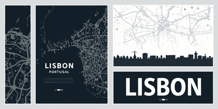 Lisbon Portugal Detailed city maps and skyline illustrations