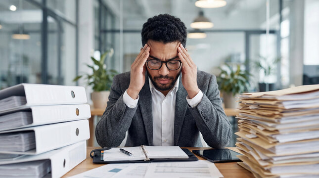 Stressed businessman office paperwork deadline overwork burnout frustration anxiety Exhausted office worker paperwork stress