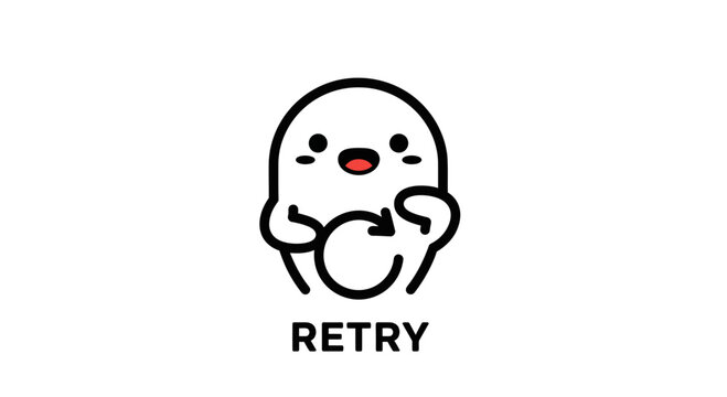 Cute cartoon ghost character with retry symbol, white background