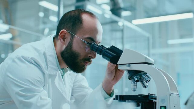 Professional scientist in medical coat and glasses conducting microscopic research in advanced laboratory, adjusting focus and observing specimen. Zoom in shot