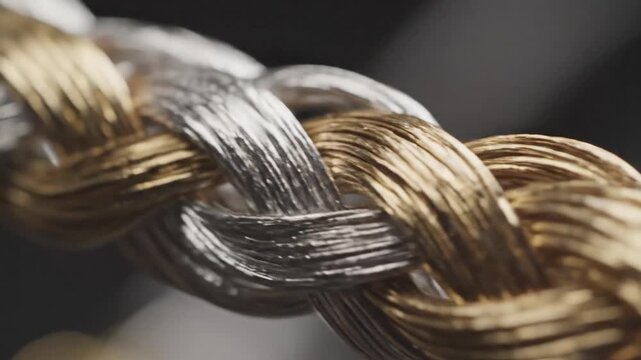 Intricate metallic filaments of gold and silver intertwine to form a complex chain link texture