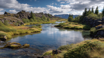 Obraz premium A serene river flows through a rocky and grassy landscape with trees