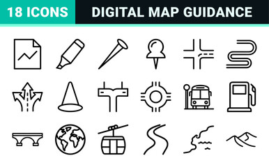 Fototapeta premium Map Navigation and Location Waypoint Pin UI Elements in Minimalist Geometric Monoline Style for Digital Cartography Interfaces