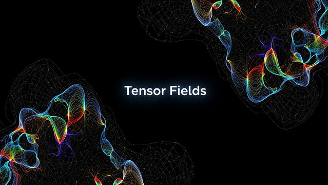 Vibrant multicolored tensor fields with glowing lines and grid patterns on dark background with text