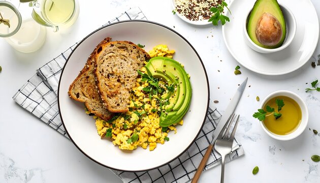 Healthy Breakfast Bowl with Avocado Toast and Scrambled Eggs.