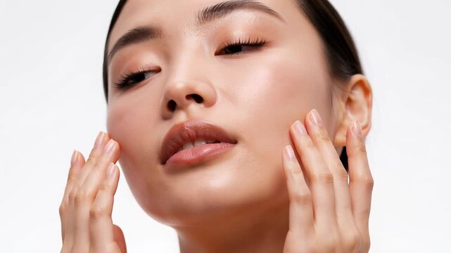 Young Asian woman gently touches her radiant healthy natural skin. serene expression highlights beauty, calm self care routine, and clear complexion portrait. Promoting well being