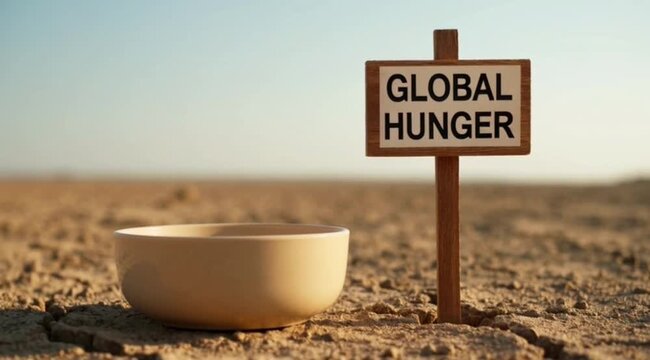 Global hunger sign stands in a dry, cracked desert landscape next to an empty bowl.