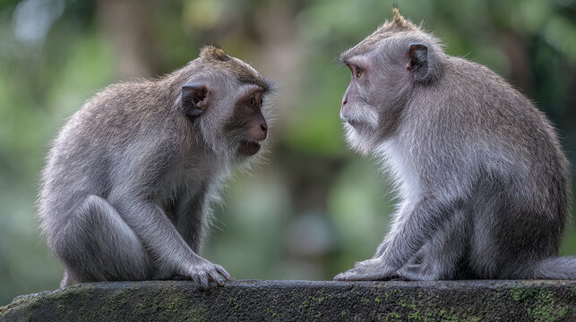 Two monkeys sit on a stone ledge looking at each other curiously outdoors