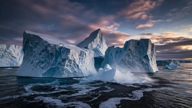 Towering icebergs majestically drift in frigid polar waters with crashing waves under dramatic cloudy skies