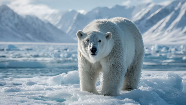 Polar Bear Portrait in Snowy Arctic Landscape, Alert and Majestic