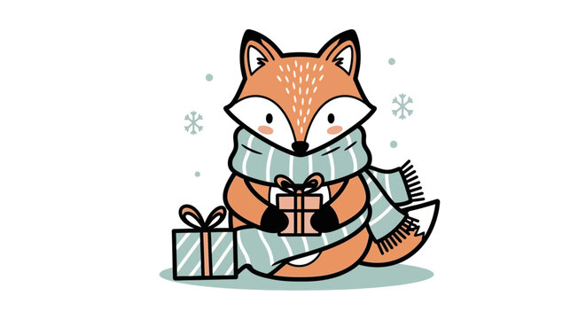 Cute cartoon fox in scarf holding gift box winter snow