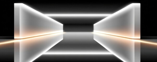 Fototapeta premium Futuristic minimal black and white corridor with glowing horizontal neon line and reflective floor