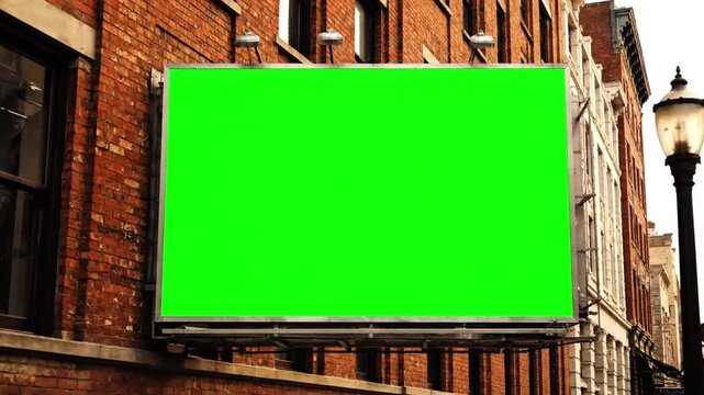 Green screen billboard footage on a city street with buildings and lamp post