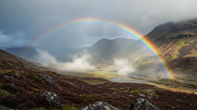 Vibrant Rainbow Arches Over Mist Shrouded Scottish Highlands Valley Landscape
