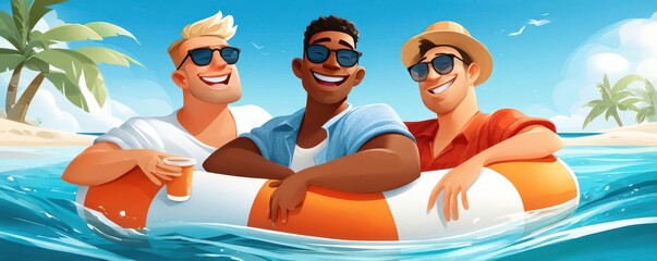 Obraz premium Three friends relaxing on an inflatable tube at a sunny beach on a carefree summer day