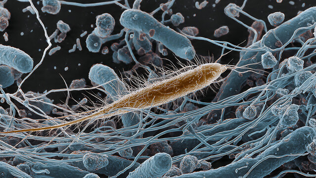 Microscopic view of a spindle-shaped microorganism with hairlike appendages among blue filaments