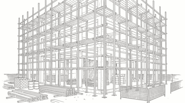 Detailed architectural line drawing of a multi-story building's structural framework under construction.