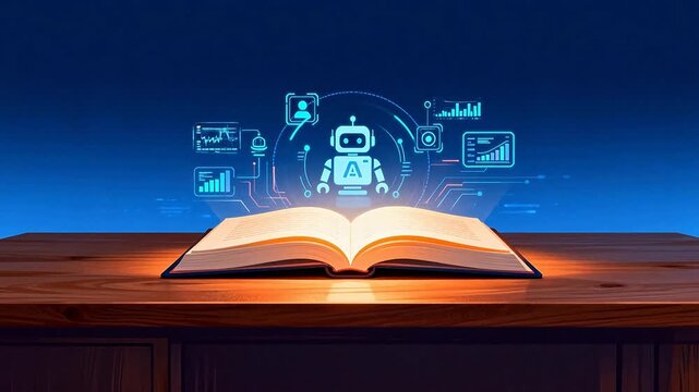 Book with glowing robot and digital icons