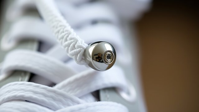 osmium. Polished metal aglet at the end of a white shoelace with metallic texture. lifestyle magazines, social media lookbooks, designed for lifestyle magazines and social media content.