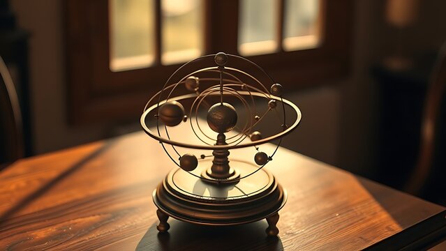 orrery. An antique bronze orrery model with planets on a wooden table in warm light. STEM education sheets, lab safety posters, designed for biotech research communications, used by videographers.