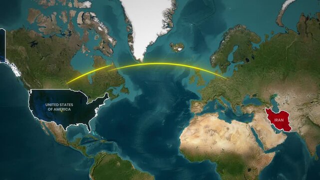 Animated map showing ballistic missile trajectory from Iran to the USA