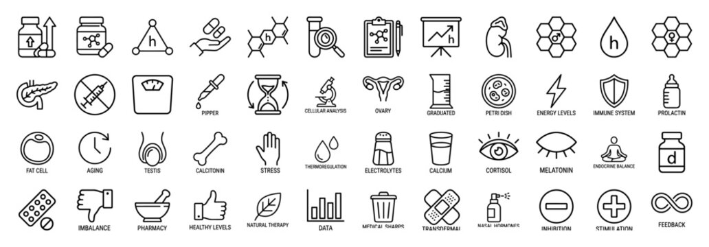 Endocrine System and Hormonal Health Minimalist Monoline Vector Outline Icons; Geometric Medical Science Line Art for Professional Healthcare Design.