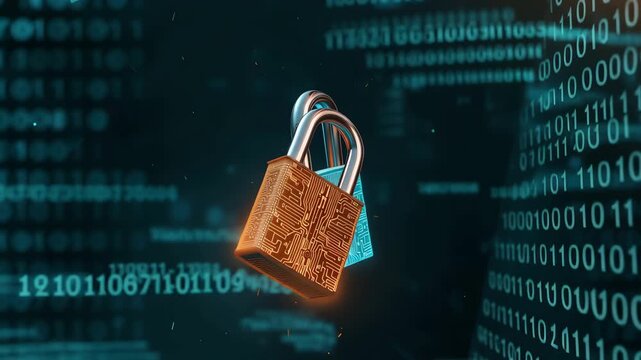 二つの基板柄南京錠が向き合い連携を示すセキュリティCG