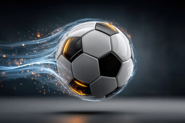 Fototapeta premium Soccer ball appears to be in rapid motion, creating an explosive effect with splashes of water and light, against a blurred stadium background, emphasizing the dynamic energy of the sport