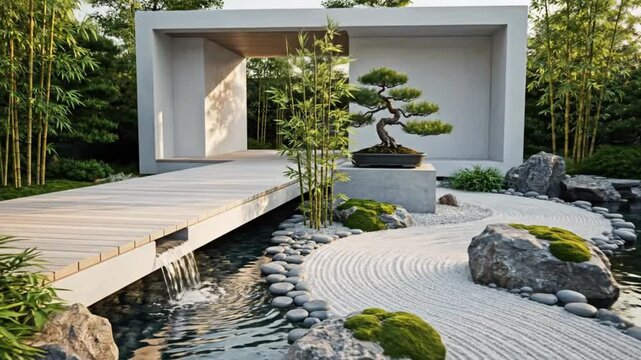 Modern Zen Garden with Bonsai Tree, Raked Sand, Bamboo, and Reflecting Pond